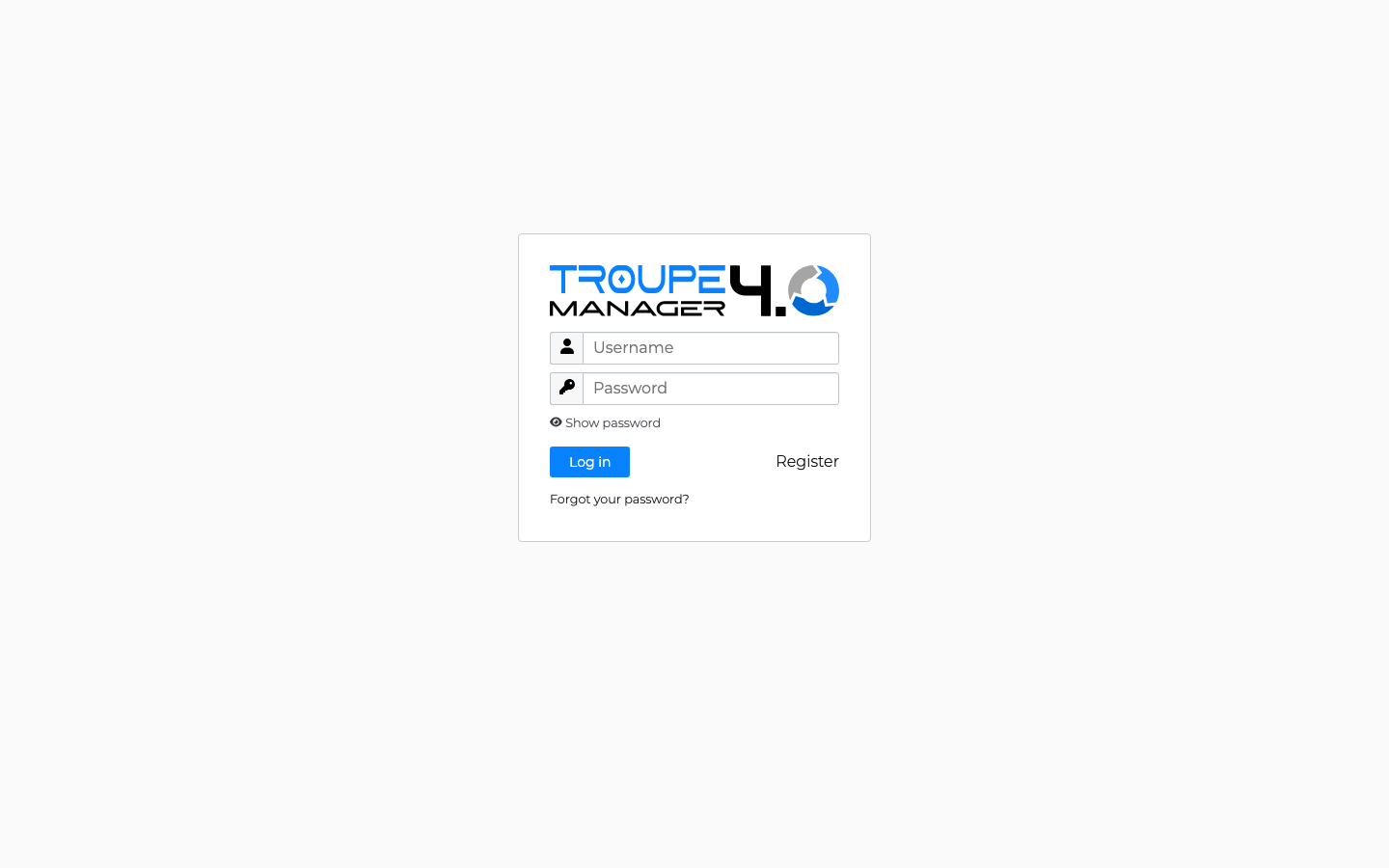 Troupe Manager 4.0 sign-in screen in a desktop browser